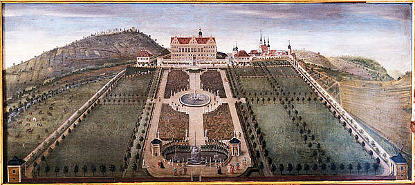Gesamtansicht von Schloss und Garten zu Beginn des 18. Jahrhunderts