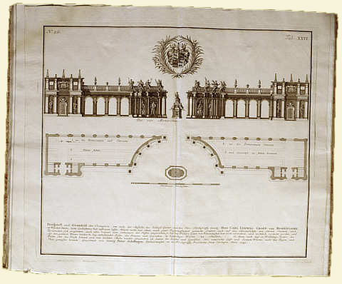 Plan der Orangerie mit Reiterstandbild des Grafen Carl Ludwig; Kupferstich von Georg Peter Schillinger aus seiner „Architectura Civilis“, Nürnberg, 1745 (Hohenlohe-Zentralarchiv Neuenstein)