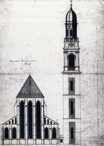 Zisterzienserklosterkirche Salem, Neubauplan mit Projekt eines Kirchturms