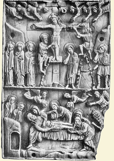 Byzantinische Elfenbeinschnitzerei Kreuzigung Christi und Grablegung