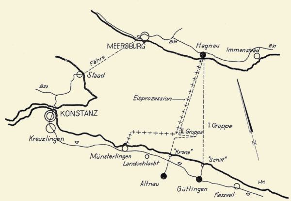 Die Wege der Eisübergänge zwischen Hagnau und dem Schweizer Ufer 