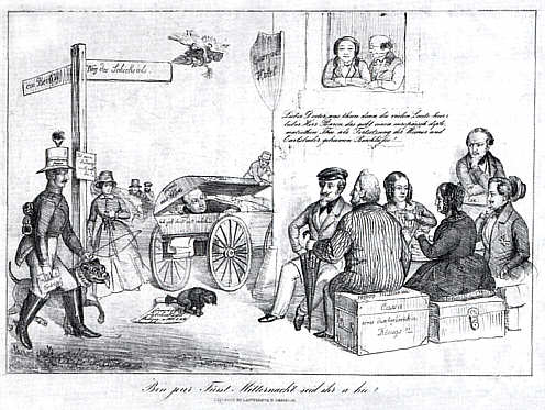 Karikatur auf die Situation Europas im März 1848: "Bon Jour Fürst Mitternacht seid ihr a hie ?"