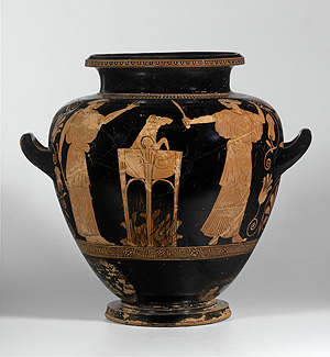 Medea vor dem Kessel, aus dem sich der lebendige Widder erhebt. Attischer Stamnos