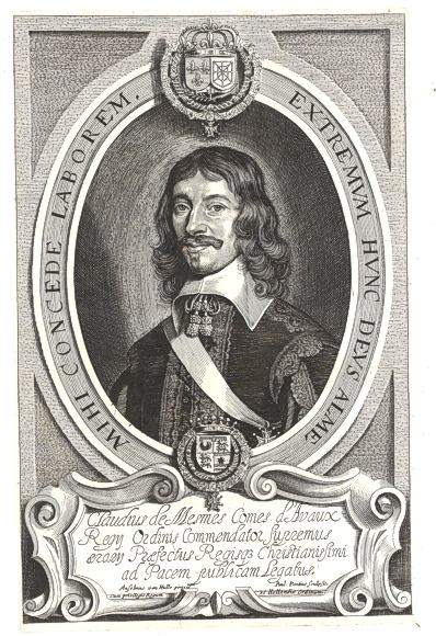 Paulus Pontius (Antwerpen 1603 – 1658 Antwerpen) nach Anselmus van Hulle (Gent 1601 – nach 1674), Porträt Claude de Mesmes, Comte d' Avaux (1595 – 1650 Paris), Französischer Politiker und Diplomat in Venedig, Dänemark und Polen, ab 1643 Friedensgesandter in Osnabrück und Münster und Surintendant des Finances, Kupferstich Platte: 30,5 x 19,5 cm, aus: Pacis antesignani sive icones legatorum plena potestate instructorum [...], Antwerpen 1648, fol. 18r, Staatsgalerie Stuttgart, Graphische Sammlung