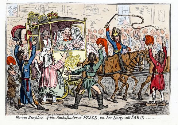 James Gillray (Chelsea 1756–1815 London), Glorious Reception of the Ambassador of PEACE, on his entry into PARIS, 28.10.1796, Radierung, koloriert auf gelblichem Veli, Blatt: 29,8 x 48,3 cmPlatte 25,7 x 35,5 cm, Staatsgalerie Stuttgart, Graphische Sammlung