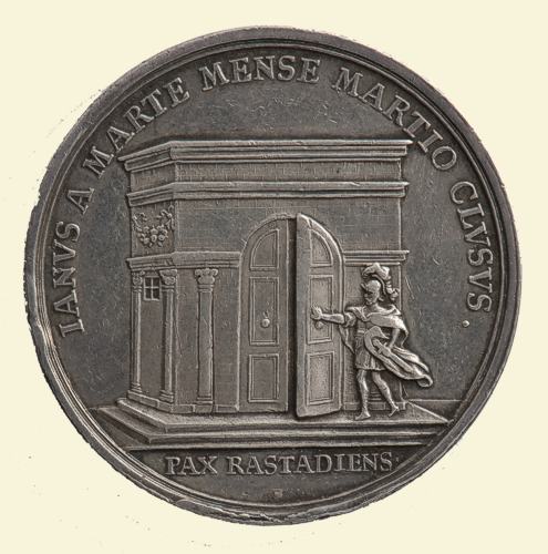 Georg Friedrich Nürnberger (1682–1724), Medaille auf den Frieden von Rastatt, 1714, Rückseite: Mars schließt die Türen des Janustempels, Landesmuseum Württemberg, Stuttgart, Münzkabinett 