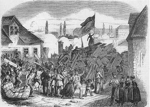 Barrikaden an der Mannheimer Rheinbrücke. Holzschnitt in der "Leipziger Illustrirten Zeitung", 3.6.1848 