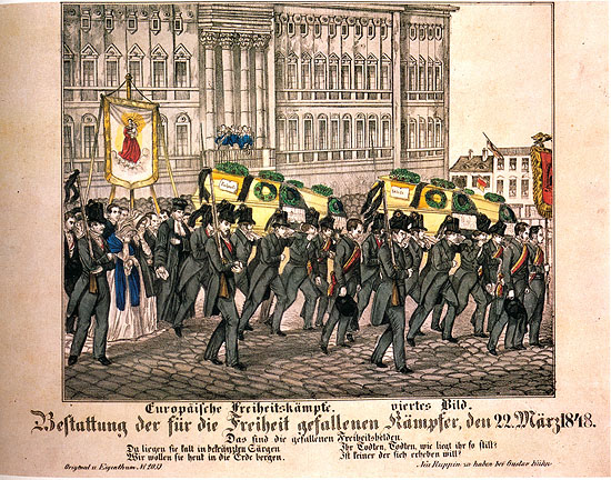 Bestattung der für die Freiheit gefallenen Kmpfer, den 22. März 1848. Lithografie, 1848. 