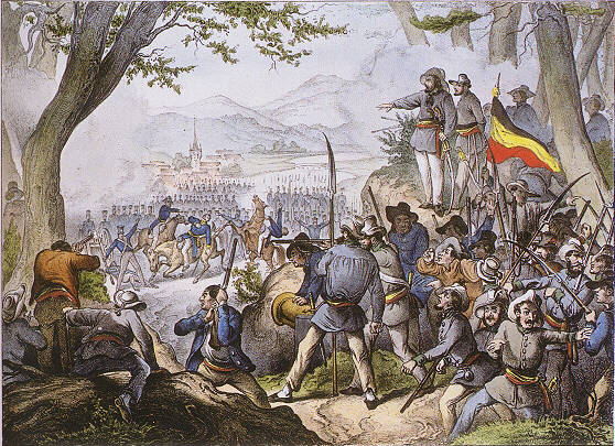 Tod des Generals Friedrich von Gagern im Gefecht bei Kandern. Lithographie. Rastatt, 