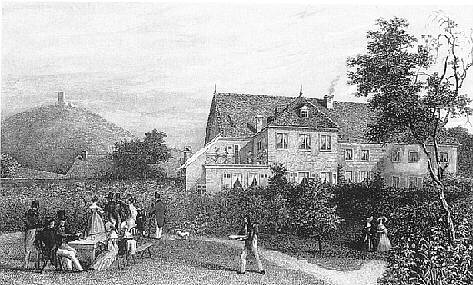 Der "Halbe Mond", das Tagungslokal der Heppenheimer Versammlung. Stahlstich um 1840 