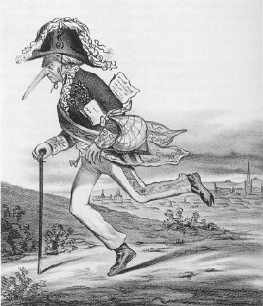 Karikatur auf die Flucht Metternichs 1848: "Jede Constitution erfordert Bewegung / den 14. März 1848".