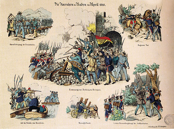 Die Unruhen in Baden im April 1848. Kolorierte Lithografie. Rastatt, Wehrgeschichtliches Museum