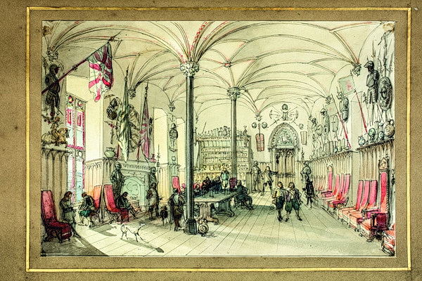 Caspar Scheuren: Ansicht des Rittersaals in Stolzenfels, um 1843/47, Aquarell, Landesbibliothekszentrum Koblenz