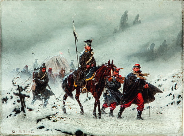 Christian Sell: Winterlicher Feldzug (Szene aus dem Deutsch-Französischen Krieg), 1876, Oel auf Holz, Dr. Axe Stiftung 