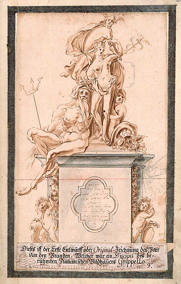 Zeichnung des Peter van den Branden aus dem Thesaurus Palatinus (1747 – 1752) "Statua" im Heidelberger Schlossgarten