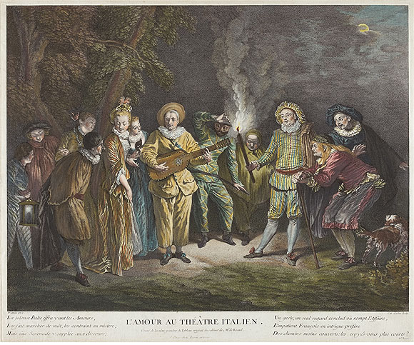 Charles Nicolas Cochin der Ältere nach Antoine Watteau, Die Liebe im italienischen Theater, 1734. Foto: Axel Killian.