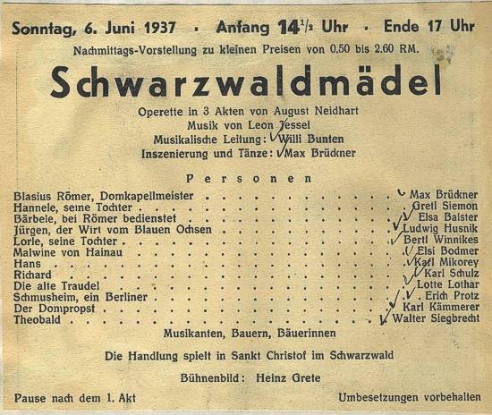 Schwarzwaldmdel: Theaterzettel der letzten bekannten Auffhrung vom 6. Juni 1937 vor dem Verbot der Nationalsozialisten