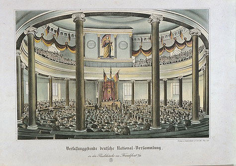 Verfassunggebende deutsche Nationalversammlung in der Paulskirche zu Frankfurt. Farblithographie, 1848