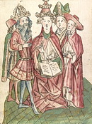 Der Papst umgeben von Kaiser, Bischof und Kardinal in einer illustrierten Ausgabe der Papst- und Kaiserchronik (Chronicon pontificum et imperatorum) des Martin von Troppau