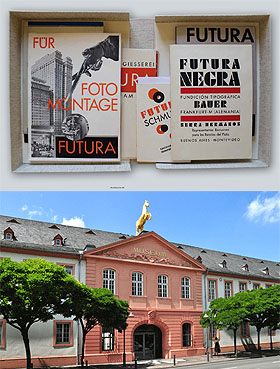 Schrifttafeln aus der aktuellen Ausstellung des Gutenberg-Museums in Mainz und Frontansicht des Landesmuseums in Mainz