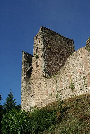 Burg Schauenburg, nordwestlicher Wohntum, rechts davon das Kellergeschoss des mittleren Wohnturms, rechts angeschnitten die Kellermauern des südwestlichen Wohnturms.