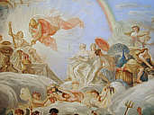 Jupiter und der Götterbote Hermes (links) sowie die Göttinnen Juno (mit dem Pfau) und Minerva (mit dem Sonnenschirm)