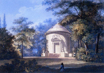 Tempel der Waldbotanik als Abschluss des von Friedrich Ludwig Sckell 1773-74 im Stil eines englischen Landschaftsgartens angelegten Arboretums. Äußere Gestalt als Baumstumpf mit klassischem Portal und Kuppeldach. 