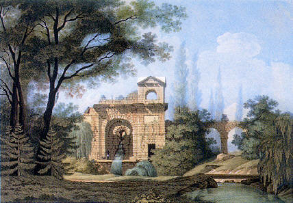 Ruine einer römischen Wasserleitung und "Wasserkastell" in Nachahmung eines römischen Stadttors, errichtet 1779 - 1781