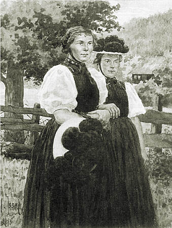 Heinrich Issel: Zwei junge Frauen in Gutacher Tracht. Aquarell, 1893. Badisches Landesmuseum Karlsruhe. Abb aus: Brigitte Heck: Festzug, S. 89 Nr. 70