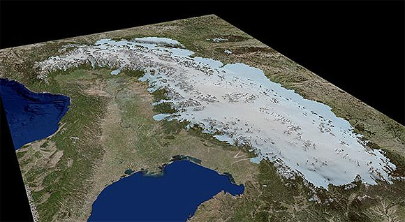 3D-Eismodellierung der Alpen zur Zeit des Letzten Glazialen Maximums (LGM). Abbildung: Jürgen Mey, Universität Potsdam, Hintergrundmodell basierend auf ESRI-Deutschland-Daten