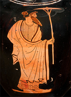 Modischer Mann mit langem Spitzbart in Chiton und Mantel sowie mit Sonnenschirm. Amphore, Ton, um 480–470 v. Chr., 