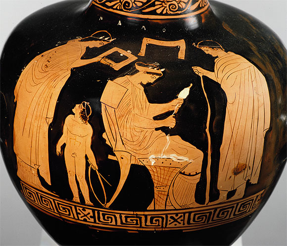 Wollherstellung im antiken Griechenland. Die sitzende Frau wickelt das Vorgarn auf den Rocken, Kalpis (Wassergefäß), Ton, 420–400 v. Chr.