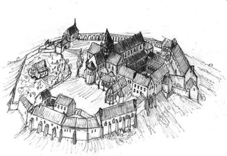 Kloster Disibodenberg, Rekonstruktionsversuch der mittelalterlichen Klosteranlage um 1500