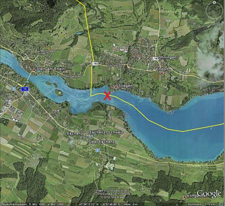 Die Fundstelle im Ausfluss des Bodensees in den Rhgein östlich von Stein am Rhein. Satellitenbild: Google Earth