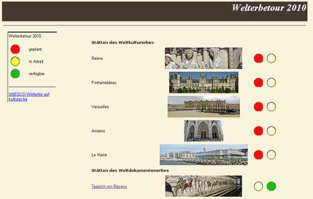 Screenshot der neuen Seite der Welterbetour 2010 nach dem Stand vom 6. Juni