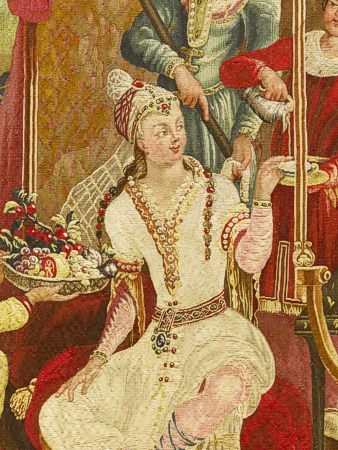 Die Kaiserin von China beim Frühstückstee – als textiles Gemälde gewebt mit einer Schussfadendichte von 20 bis 28 Fäden pro Zentimeter. Detail einer Tapisserie der Manufaktur Beauvais, um 1720/30