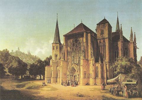 Michael Neher (1798-1876), Wimpfen im Tal, Stiftskirche St. Peter, Im Hintergrund Wimpfen am Berg (1846)