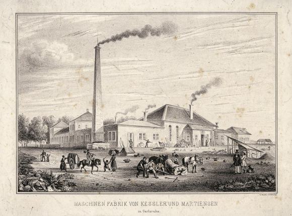  Ansicht der Maschinenfabrik Keßler & Martiensen, Karlsruhe, ca. 1840.  Generallandesarchiv Karlsruhe J-B Karlsruhe 12