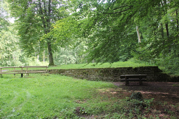 Homburg: Vom Schloss Karlsberg selbst sind nur noch Fundamentreste in geringem Umfang zu sehen. Eine Rasenfläche an der Stelle des Hauptgebäudes ist vom Waldwuchs freigehalten.