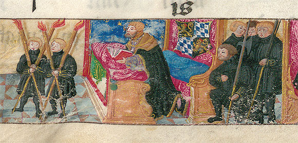 Chorbuch, Pfalzgraf Ottheinrich bei der Messfeier (Detail), Nikolaus Bertschi, 1538. Foto: © Bayerische Staatsbibliothek, München, Mus.ms. C, fol.188v/189r