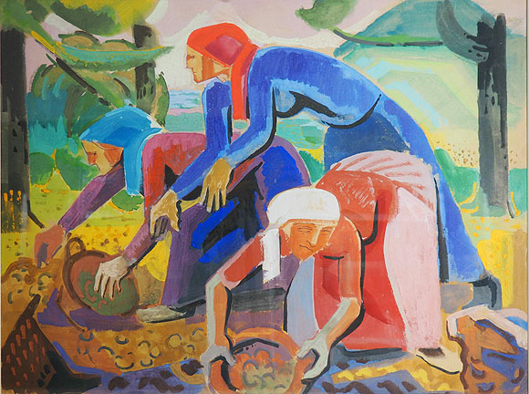 Adolf Riedlin: Drei Kartoffelleserinnen, um 1948, Tempera auf Papier, Sammlung Dreiländermuseum (BKRi 178)