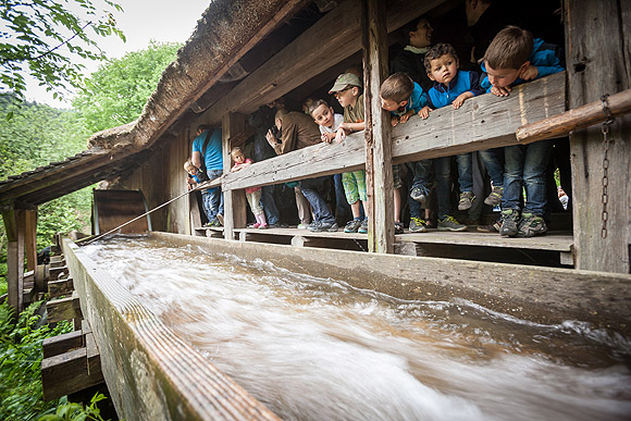 Kinder beobachten im Freilichtmuseum Vogtsbauernhof das Wasser im Mühlenkanal. Foto: Vogtsbauernhof