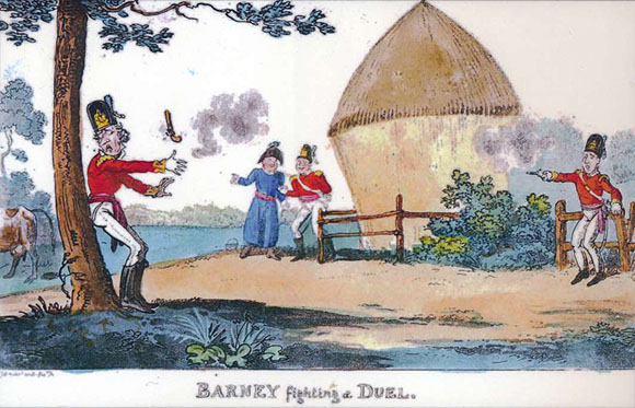 Humoristische Szene: "Barney, fighting a Duell" (Barney beim Duell). Abbildung: WGM . „Das Duell – Zweikampf um die Ehre“ lautet der Titel einer Sonderausstellung, die ab 13. August im Wehrgeschichtlichen Museum in Rastatt zu sehen ist. Zu den Exponaten zählen auch fast humoristische Szenen wie diese. 