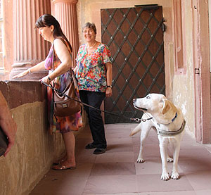 Elisabeth Kröber und Karin Dülfer (mit Blindenhund) im Arkadengang des Gläsernen Saalbaus. Foto: Bühler/ssg