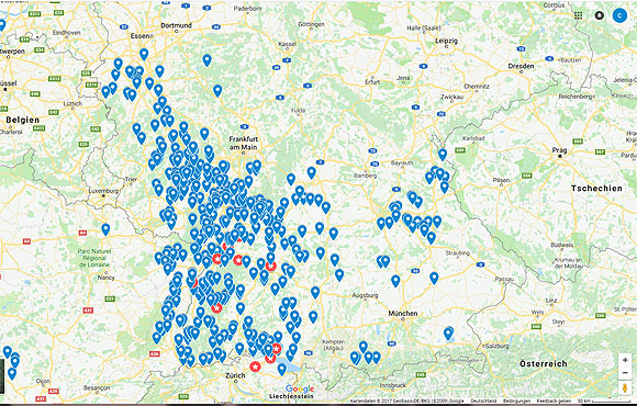 Kombination der Karten 3 und 4 mit dem gesamten Gebiet, das man mit "Kulurerberegion Baden/Elsass/Pfalz" umschreiben könnte
