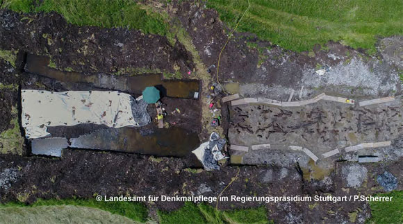 Die Grabungsfläche in Bad Buchau Möwenweg mit den Überresten der Pfahlstruktur aus der Luft. (Quelle: P. Scherrer, LAD)