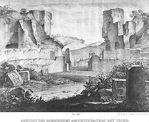 Das Amphitheater Trier nach den Untersuchungen von Carl Friedrich Quednow auf einem Stich von Johann Anton Ramboux aus dem Jahr 1824