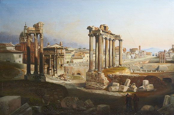 Blick vom Hügel des Kapitols auf das Forum Romanum in Rom. Zeichnung von Hubert Robert (1733 - 1808)
