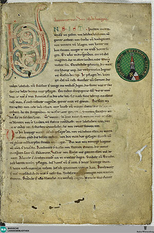 Erstes Blatt der Handschrift C des Nibelungenlieds in der BSB Karlsruhe mit der großen Initiale U.