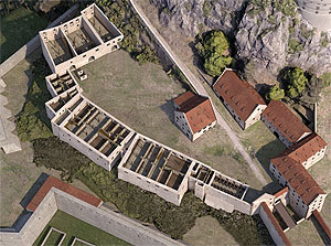 Virtuelles Modell der unteren Festungsanlage des Hohentwiel mit einem Schnitt durch Kasernenbauten und Versorgungsgebäude.